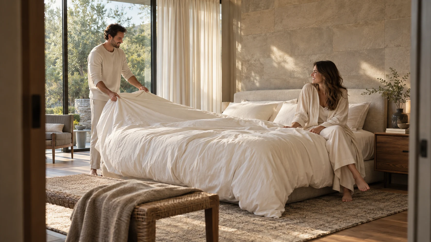 A couple enjoying a slow morning while spreading soft ivory bedding in a sunlit bedroom