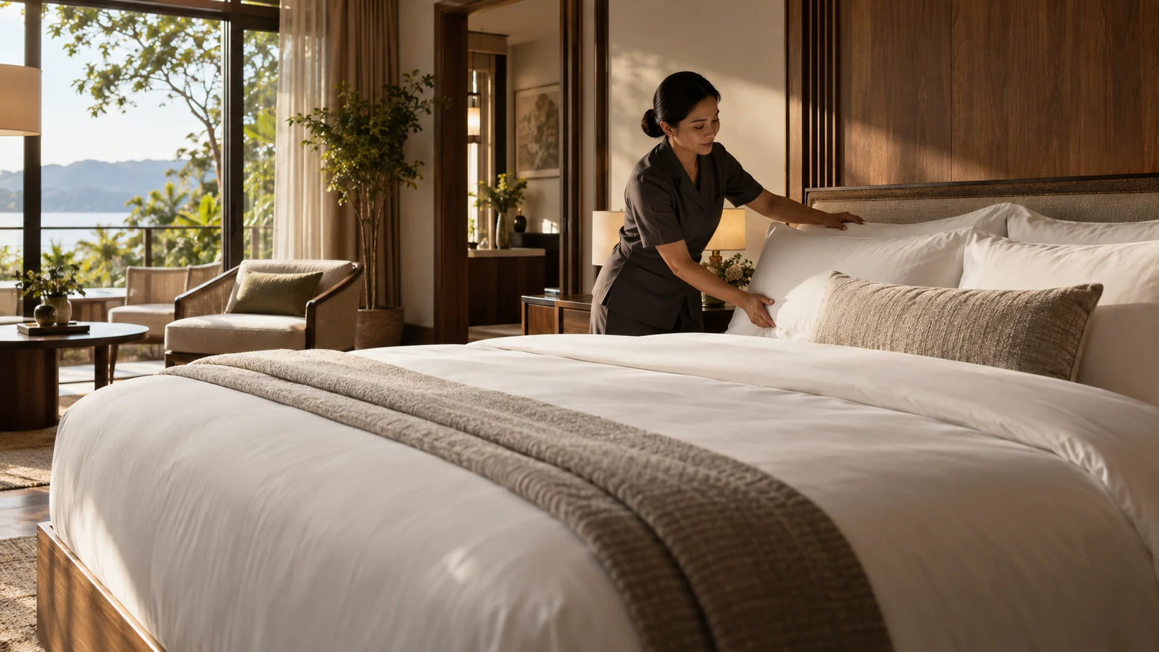 A hotel attendant carefully arranging an ivory pillow on a layered bed in a warm boutique suite