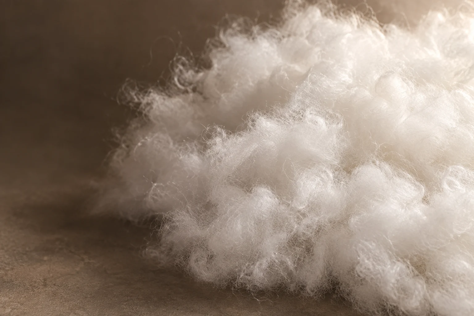 Cloudlike white synthetic filling fibres in warm side light