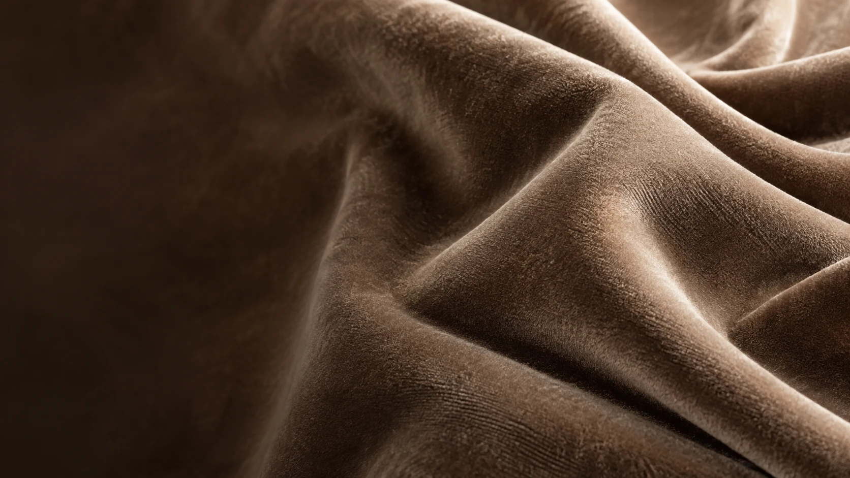 Cocoa velvet folds showing directional short-pile texture