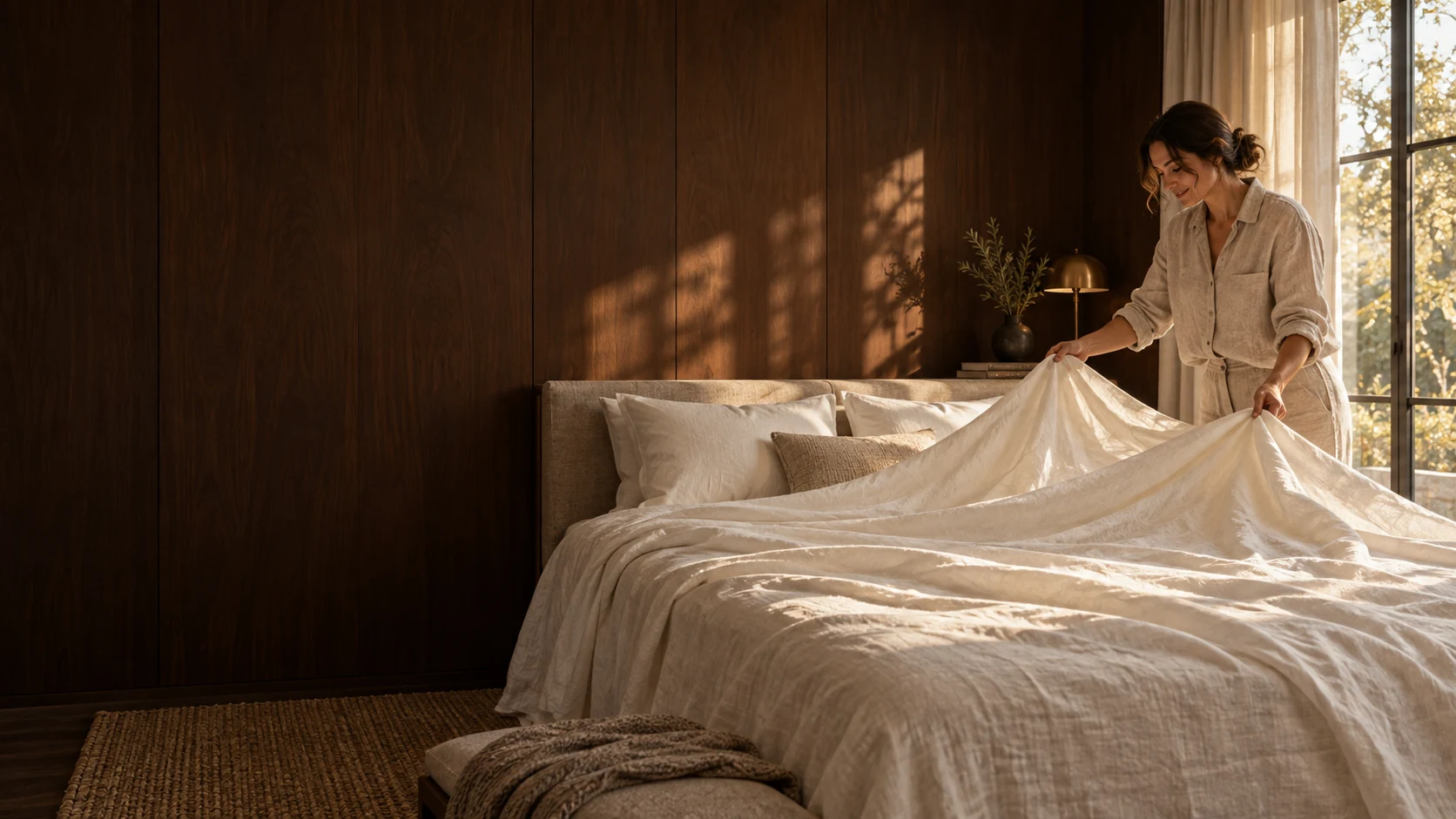 An adult arranging ivory bed linen in warm afternoon light