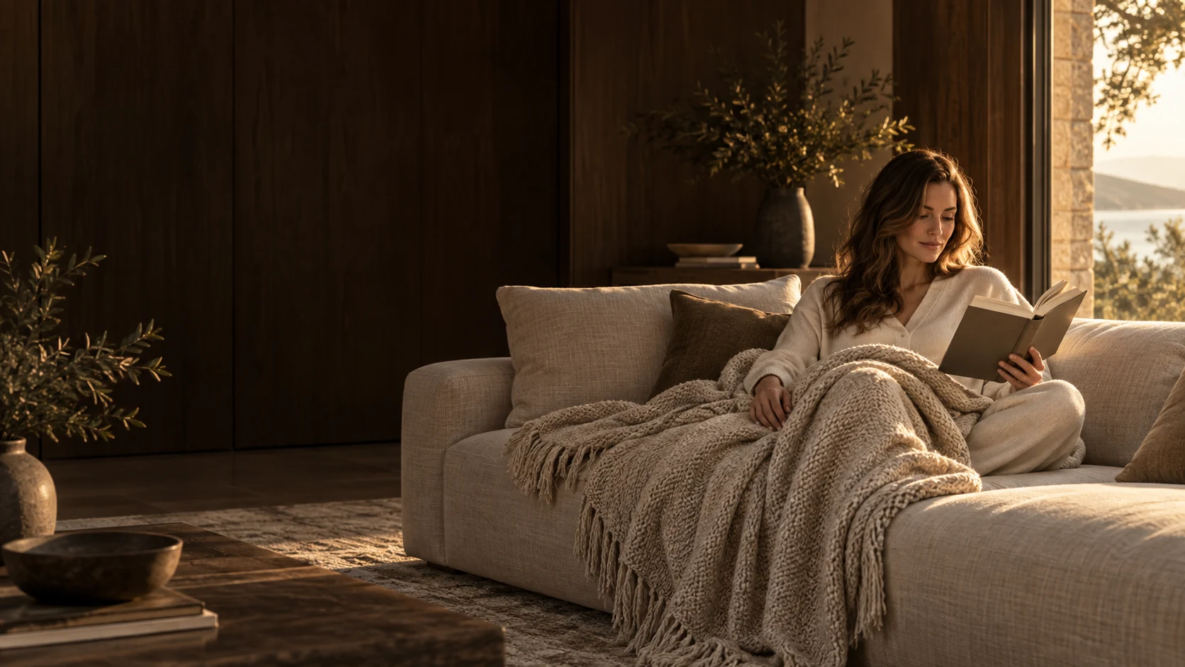 An adult reading on a sofa with an oatmeal throw across their lap