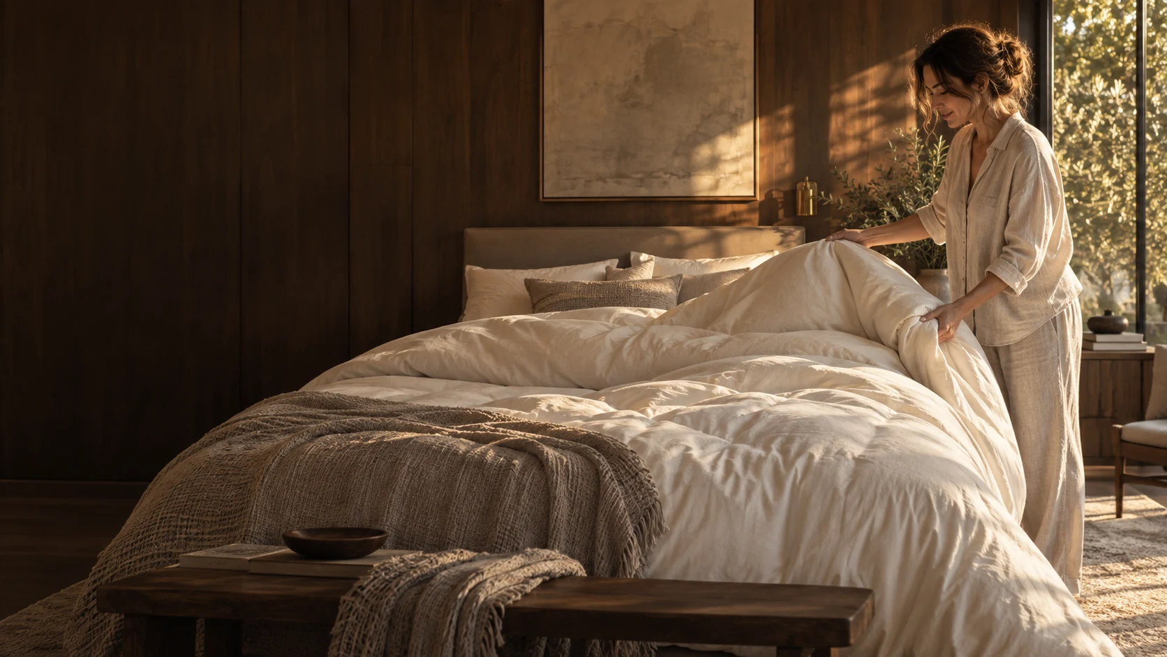 An adult lifting a soft ivory duvet in a sunlit bedroom