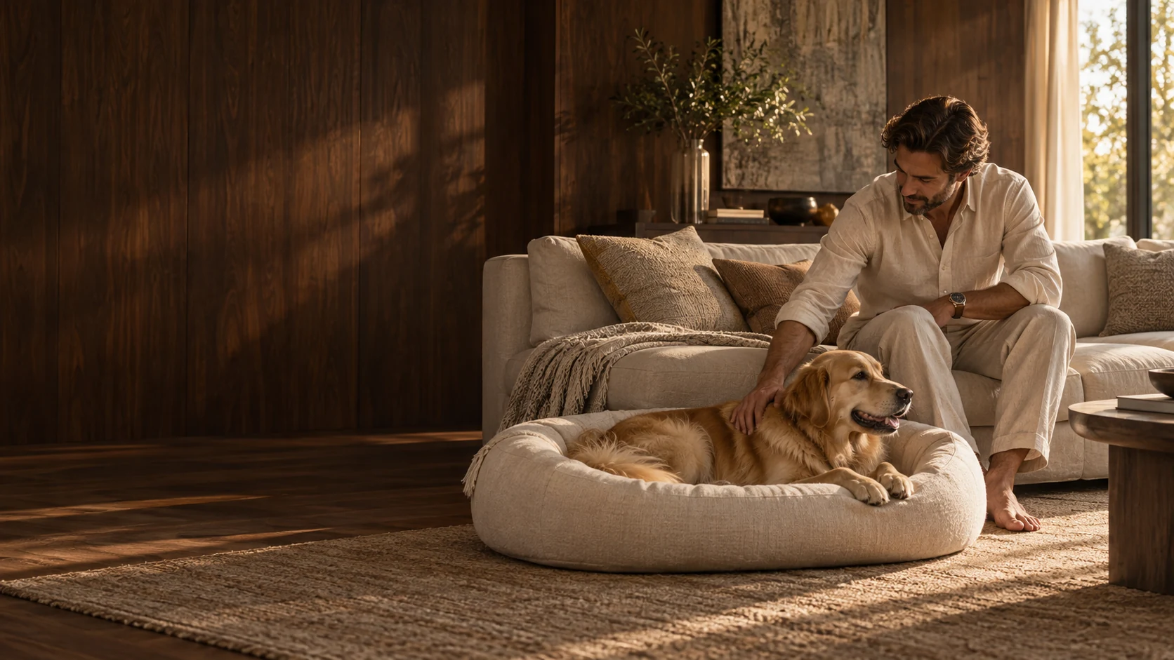 An adult petting a dog resting in a soft pet bed beside the sofa