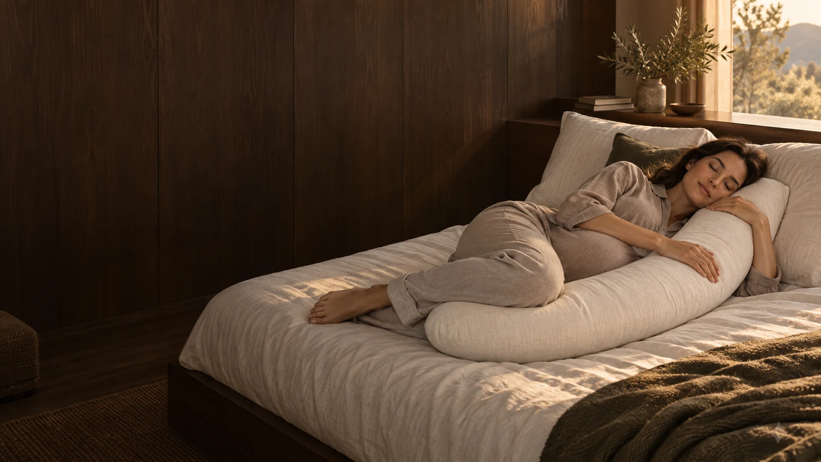 A pregnant adult relaxing with a long body pillow