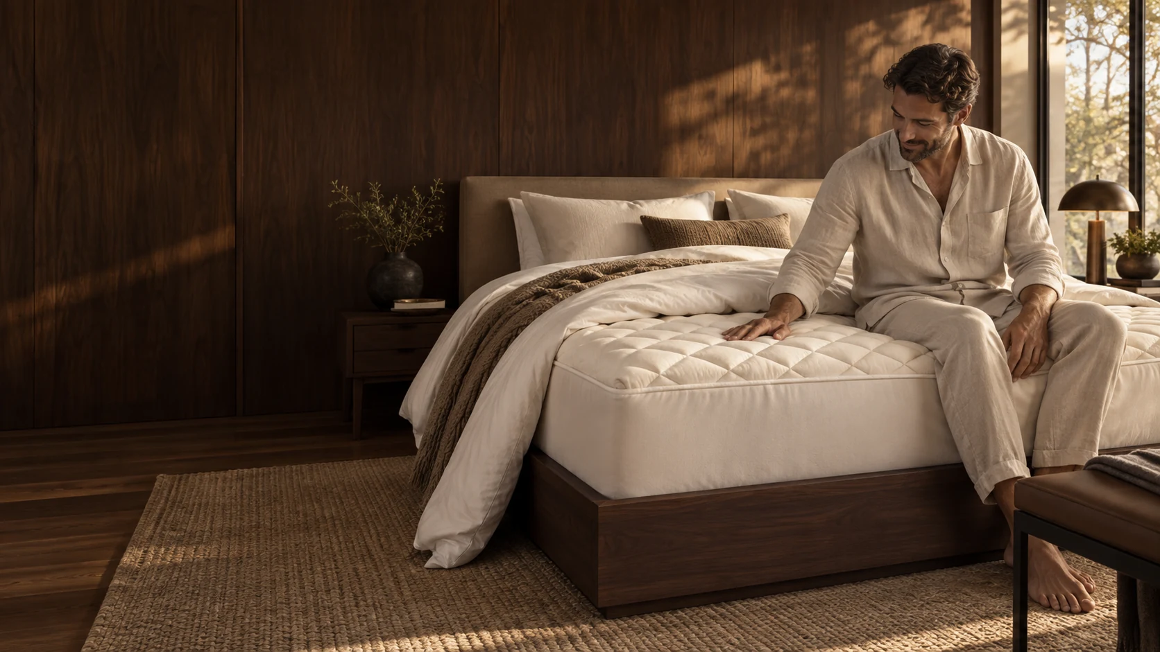 An adult smoothing a quilted mattress layer on a bed