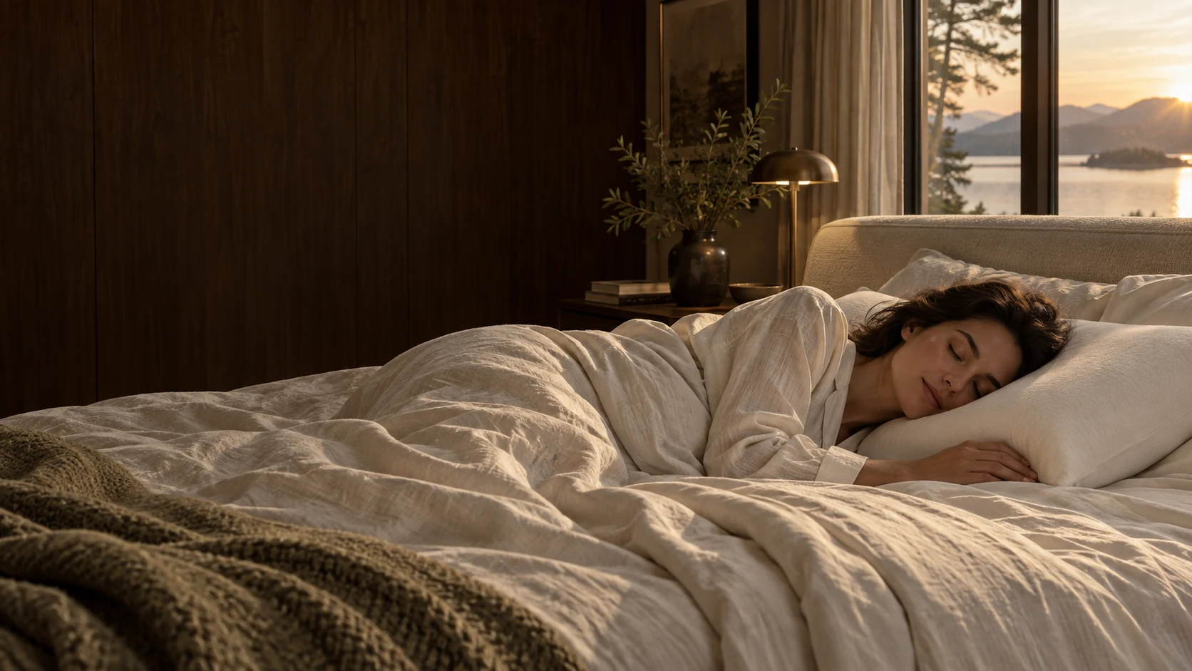 An adult resting on an ivory pillow in a warmly lit bedroom
