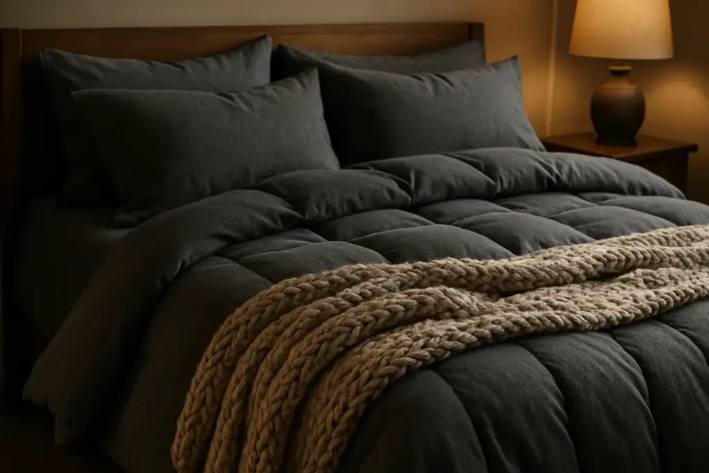 Gemütliches Bett mit dunkelgrauer Flanellbettwäsche, einer dicken Daunendecke und einer grob gestrickten Überwurfdecke, die Wärme und Komfort ausstrahlt