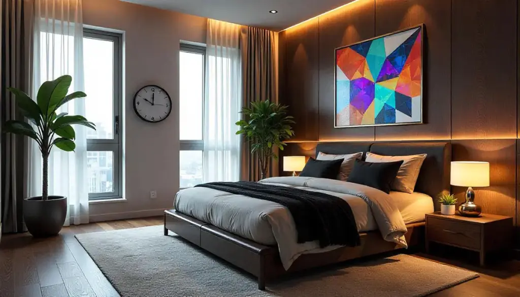 A futuristic bedroom with modern decor and cozy ambiance