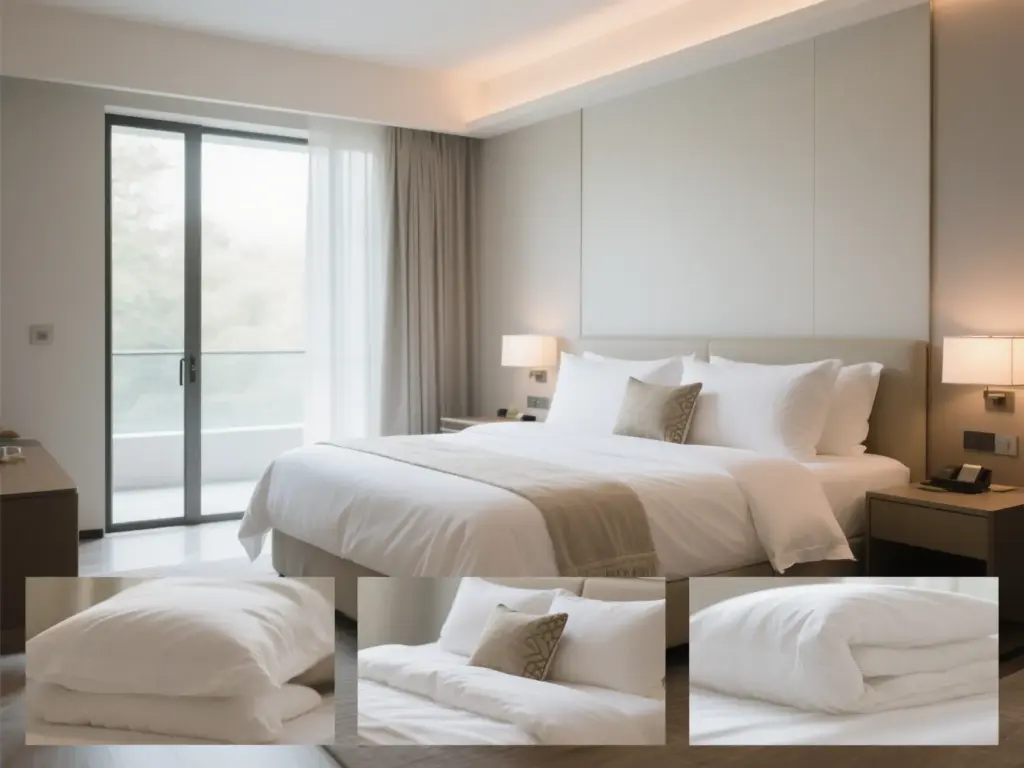 Ensemble de literie commercial présenté dans une chambre d'hôtel moderne