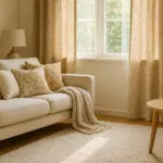 A cozy living room with pillows and blankets on the sofa, beautiful curtains on the windows and a rug on the floor