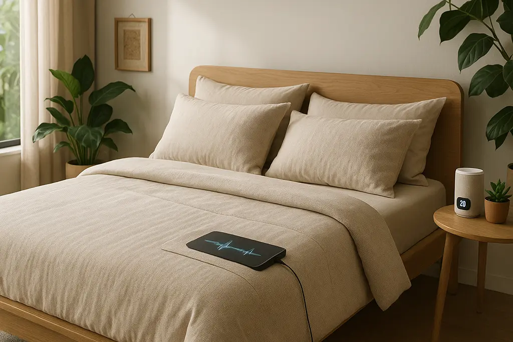 A sustainable smart bedding set with breathable fabrics and technology integration in a modern bedroom