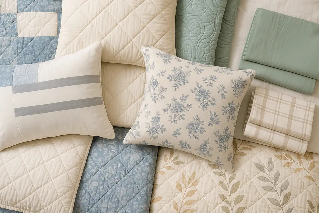 A variety of bedding products imported from China, including quilts, pillows and sheets, showing different fabrics and designs