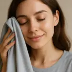 A young woman gently touching soft light-gray modal fabric to her cheek, highlighting its smooth and skin-friendly texture