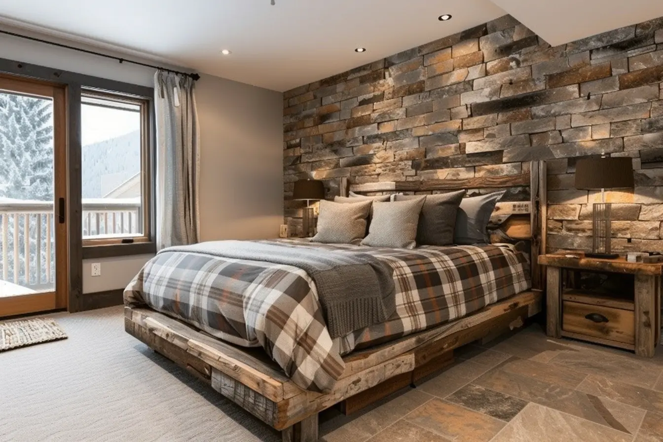 Chambre confortable avec literie de style lodge comprenant une couette à carreaux, des jetés superposés et des coussins décoratifs inspirés de la nature sur un lit en bois