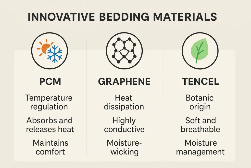 Infografik zum Vergleich innovativer Bettmaterialien PCM, Graphen, Tencel