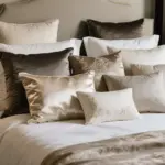 Luxuriously made bed featuring elegantly arranged pillow shams in various textures and sizes, creating a sophisticated bedroom aesthetic