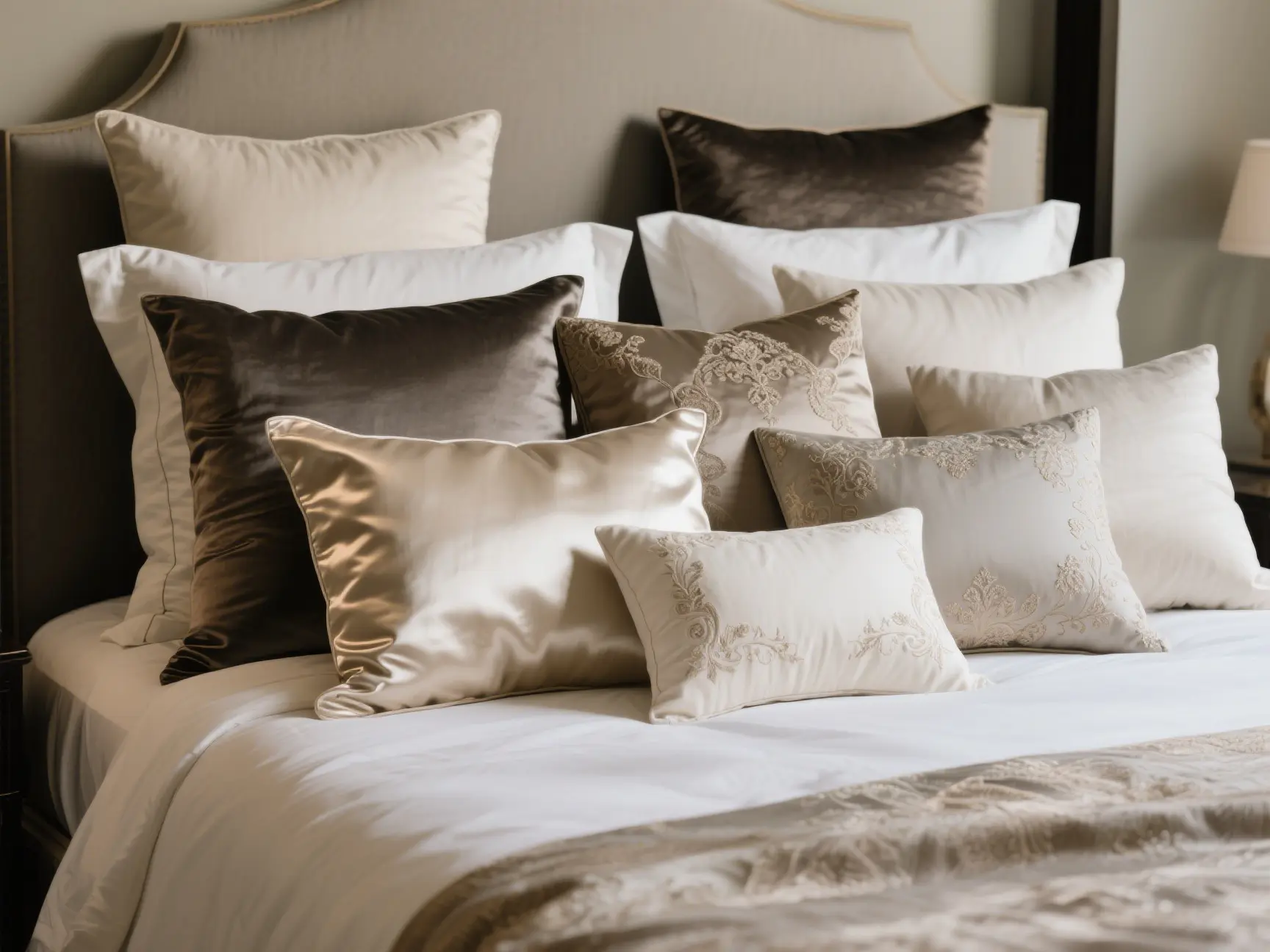 Luxuriously made bed featuring elegantly arranged pillow shams in various textures and sizes, creating a sophisticated bedroom aesthetic