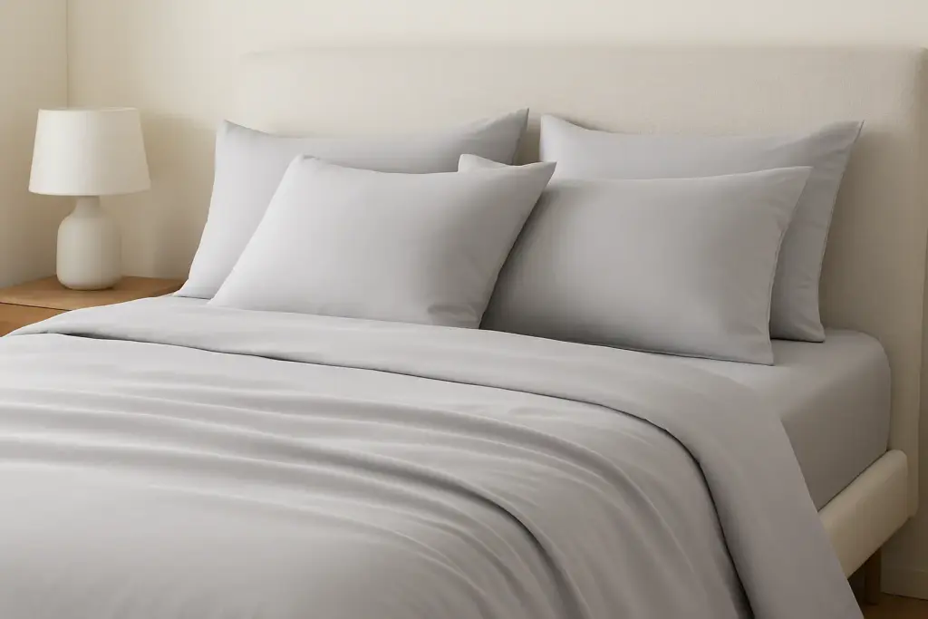 Dormitorio moderno con ropa de cama cuidadosamente dispuesta hecha de tela modal, que muestra su caída y brillo en sábanas y fundas de almohadas.