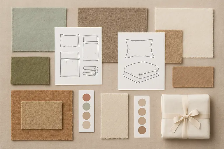 Moodboard mit Stoffmustern, Farbpaletten und Design-Skizzen für eine individuelle OEM-Bettwäschekollektion