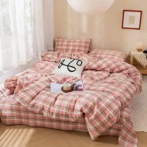 3-Piece Pink Plaid Duvet Cover Set