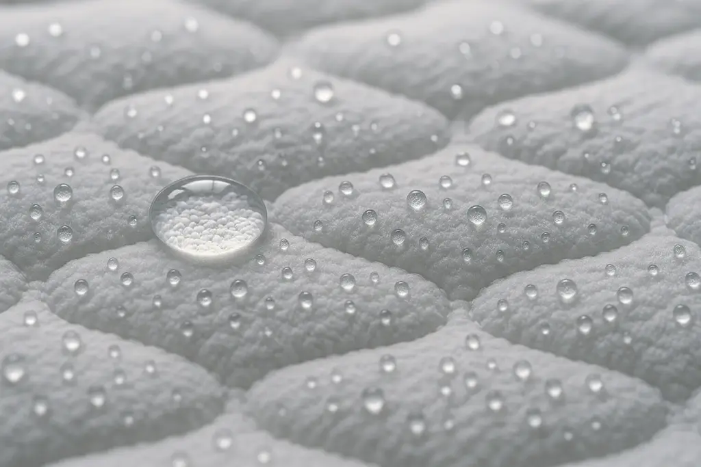 Gros plan d'un protège-matelas imperméable repoussant les gouttelettes d'eau