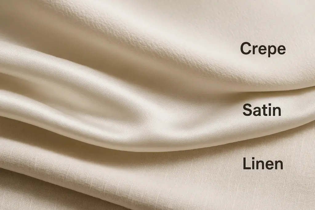 Comparison of crepe, satin, and linen fabrics showcasing different surface textures