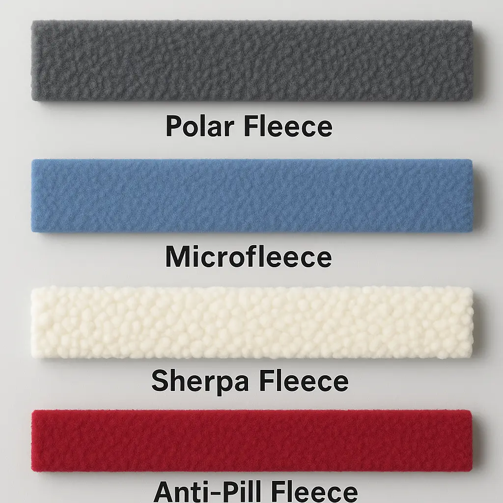 Comparison of polyester fleece types including polar, micro, sherpa, and anti-pill