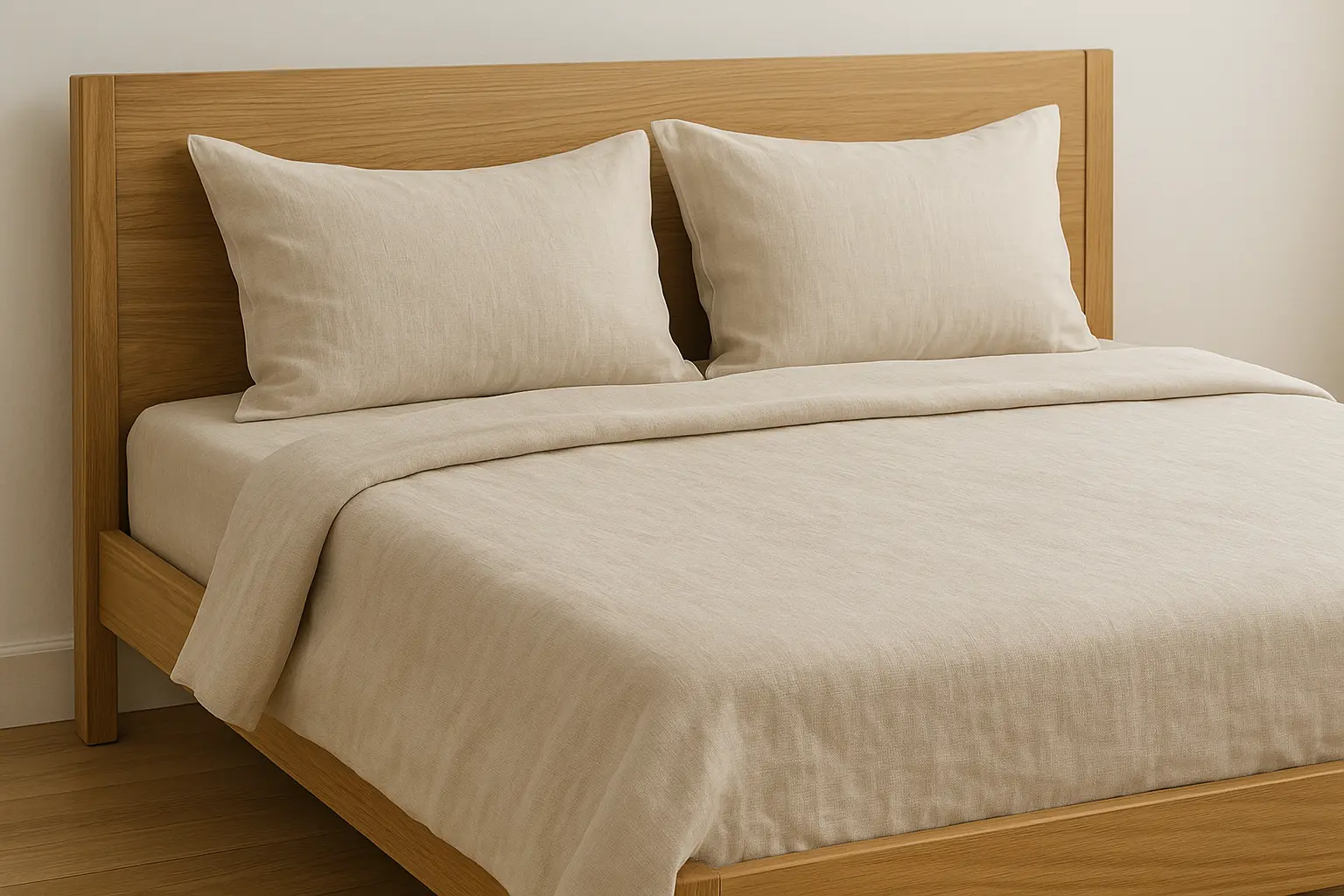 Elegante conjunto de cama de linho egípcio exposto em uma cama de madeira minimalista