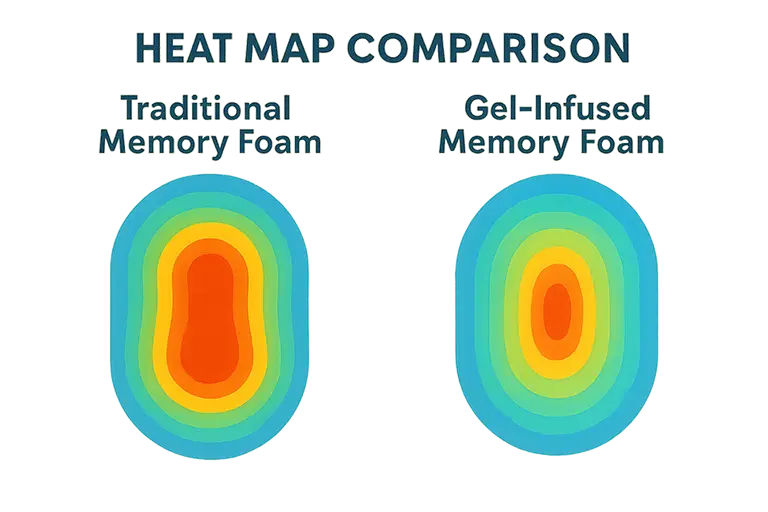 Comparación de mapas de calor entre materiales de espuma viscoelástica tradicionales y con gel