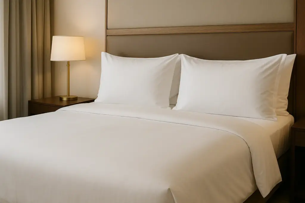 Dormitorio de hotel con cama cuidadosamente hecha con sábanas y fundas de almohada de algodón percal impecables.