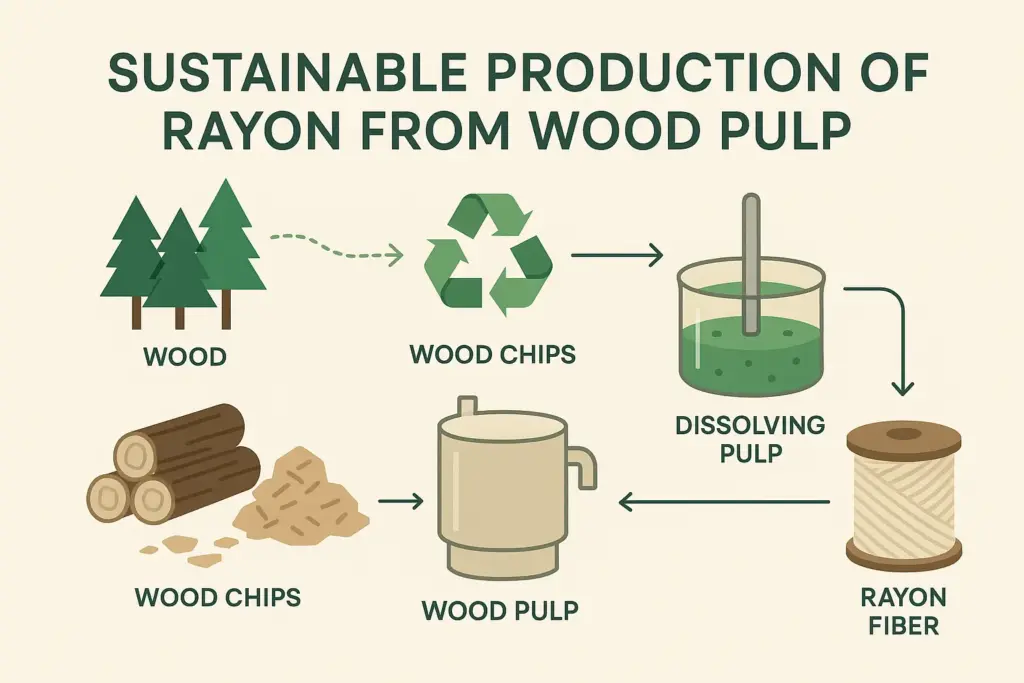 Infographie montrant le processus de production durable de rayonne à partir de pâte de bois
