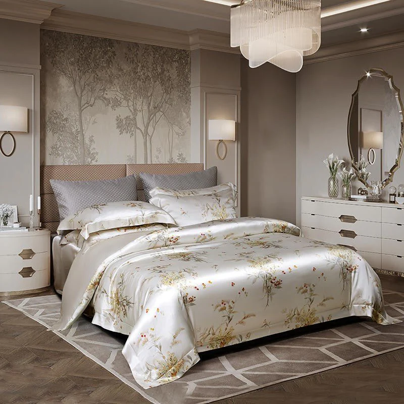 Conjunto de cama de luxo feito com seda de amoreira 100% em uma cama moderna
