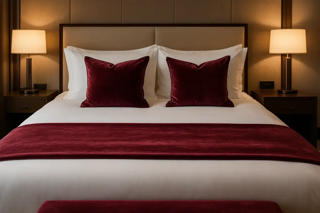 Lit d'hôtel de luxe avec coussins en velours et chemin de lit assorti