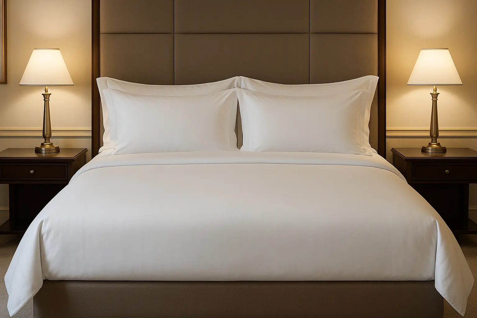 Ensemble de literie d'hôtel de luxe avec des draps blancs impeccables et des taies d'oreiller assorties