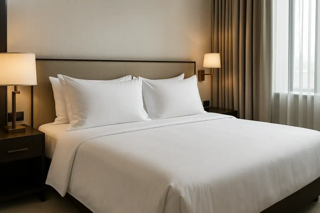 Quarto de hotel luxuoso com lençóis de linho egípcio e fronhas brancas impecáveis