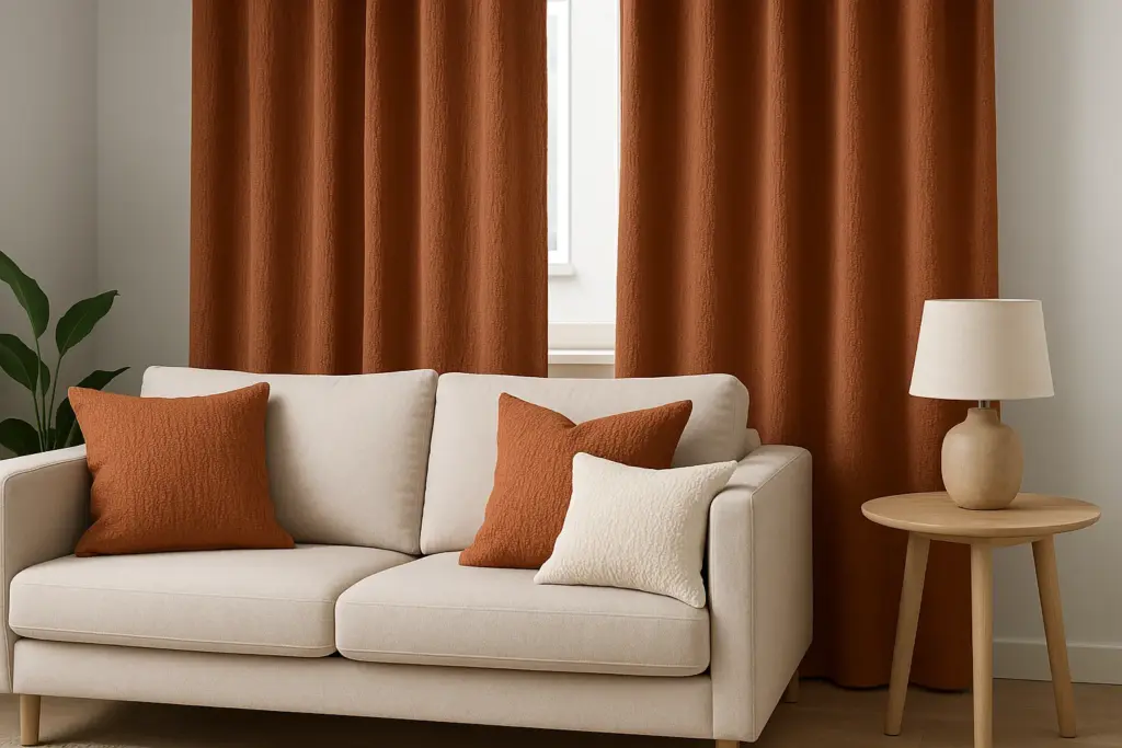 Modern interior with crepe fabric curtains and decorative pillows