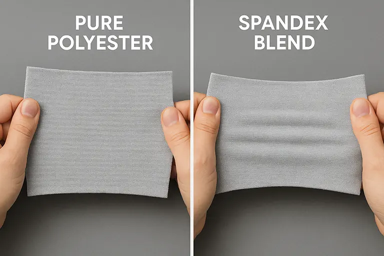 Nebeneinanderstellung von reinem Polyester und Spandex-Mischgewebe unter Spannung