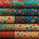 Stacks of colorful cretonne fabric rolls showcasing floral and geometric prints