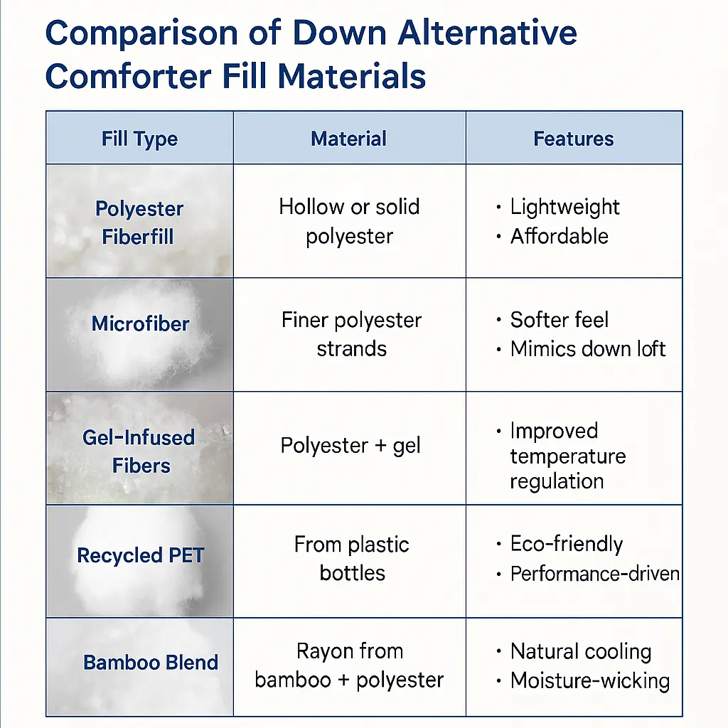 Comparison chart of down alternative comforter fill materials and their features