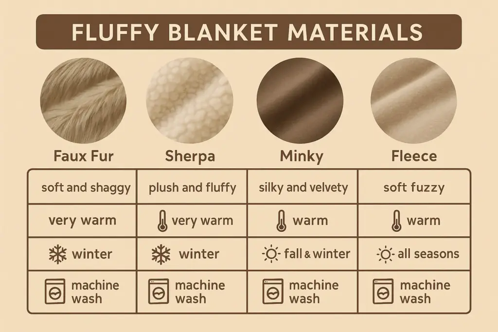 Cuadro comparativo de materiales para mantas mullidas, que incluyen piel sintética, sherpa y minky.