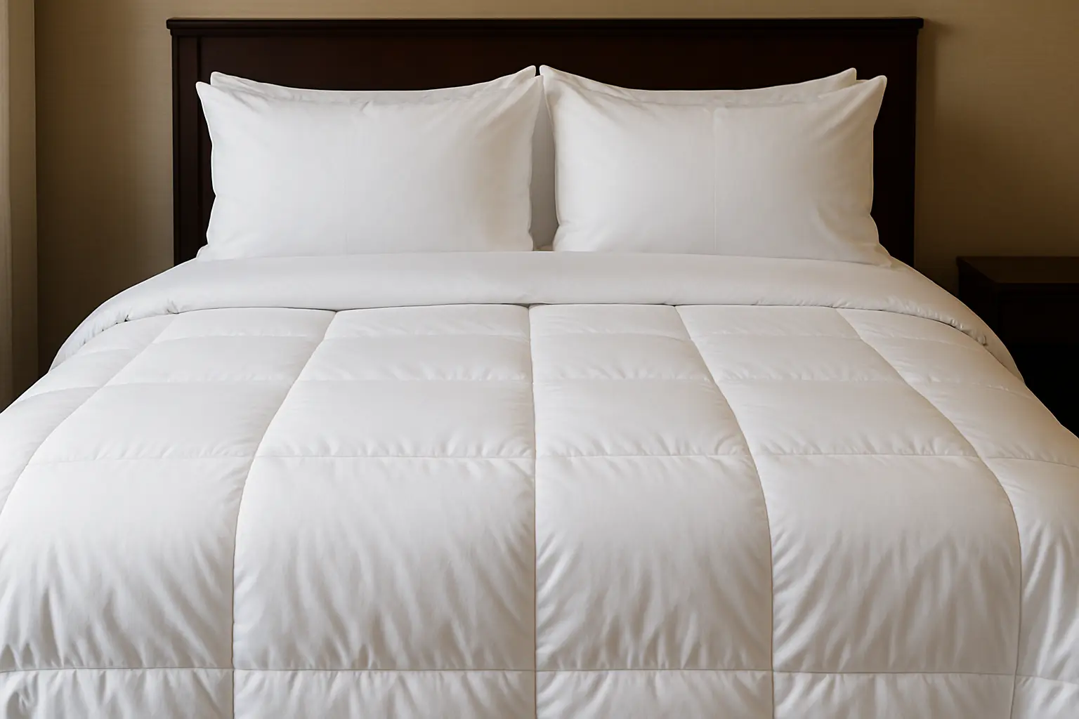 Luxury hotel bed with white hotel style comforter and pillows