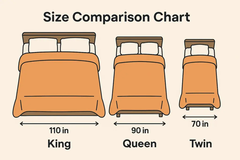 Size comparison chart showing King vs Queen vs Twin comforter dimensions