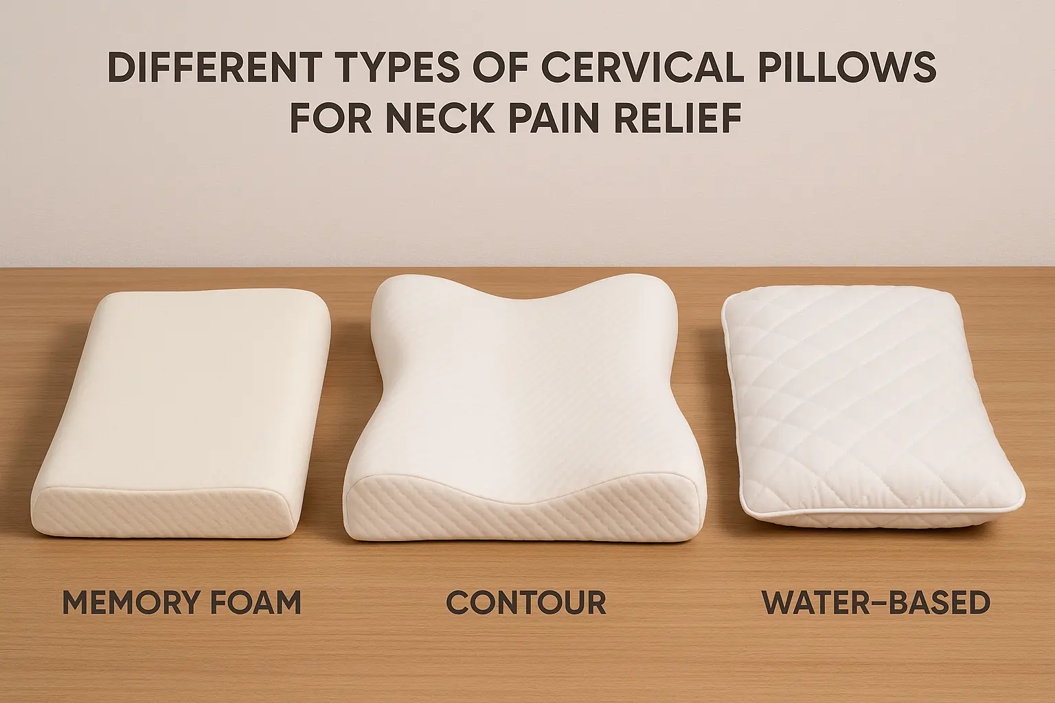 Different types of cervical pillows for neck pain relief – memory foam, contour, and water-based options.