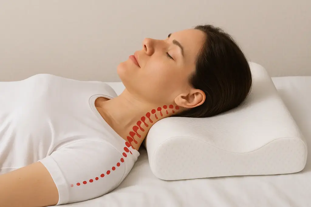 Back sleeper using orthopedic contour pillow for spinal alignment and reduced neck stiffness.