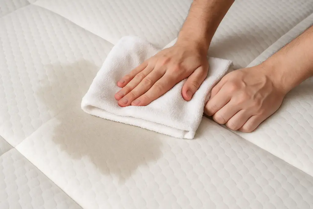 Eine nasse Memory Foam-Matratze mit einem Handtuch abtupfen