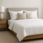 Dormitorio moderno con una cama de plataforma decorada con ropa de cama de lujo.
