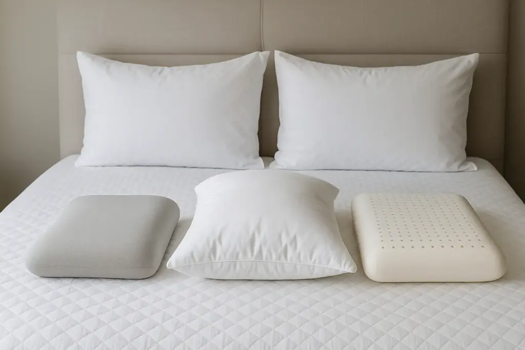 Various pillow types including memory foam, latex, and down displayed on a bed for side and back sleepers.