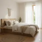 Un lit frais et propre avec une literie qui respire, dans une chambre lumineuse et bien ventilée.