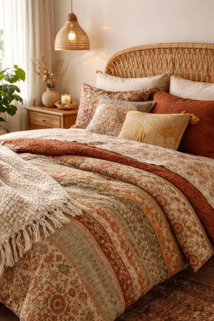 Bohème-Bettwäsche mit gemischten Mustern und erdiger Farbpalette